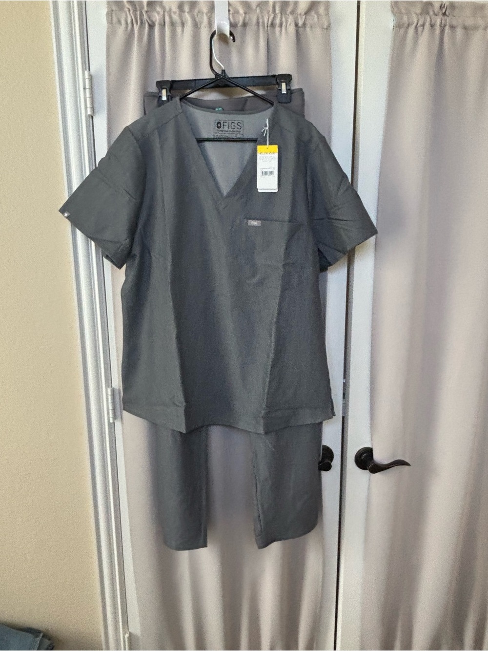 Figs Tech Women's Gray Scrub Set Top with Tall Cargo Scrub Pants Teal Drawstring